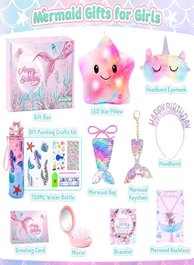 Auspicious beginning 13PCS Mermaid Toys Gifts for Girls 4-6 7 8 9 10 Years Old, Girls Birthday Gifts Set with Light Up Star Pillow DIY Water Bottle Kits, for Daughter Niece Christmas Birthday Baskets for Kids - Image 2